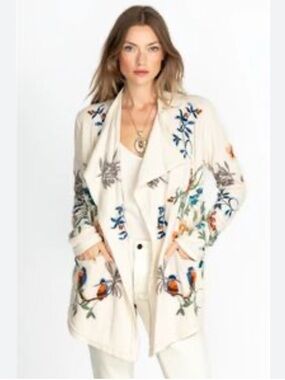 Johnny Was M Cream Embroidered Floral Top with Blue & Green Accents